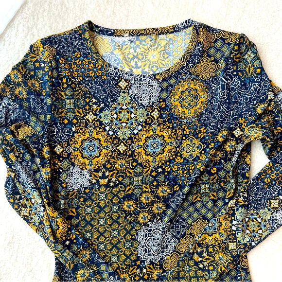 Michael Kors Long Sleeve Ruffle Skirt Blue Yellow Brown Dress - Picture 2 of 3